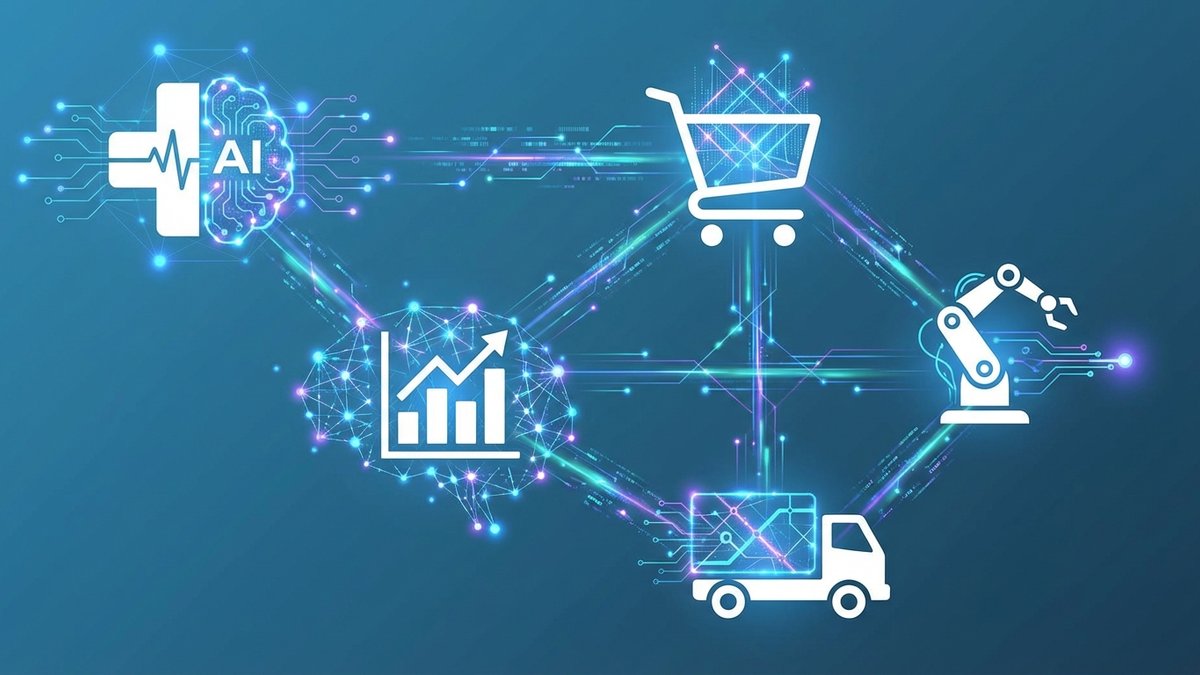Diagrama de aplicaciones de IA en empresa: iconos de sectores (salud, finanzas, retail, manufactura, logística) conectados por flujos de datos.