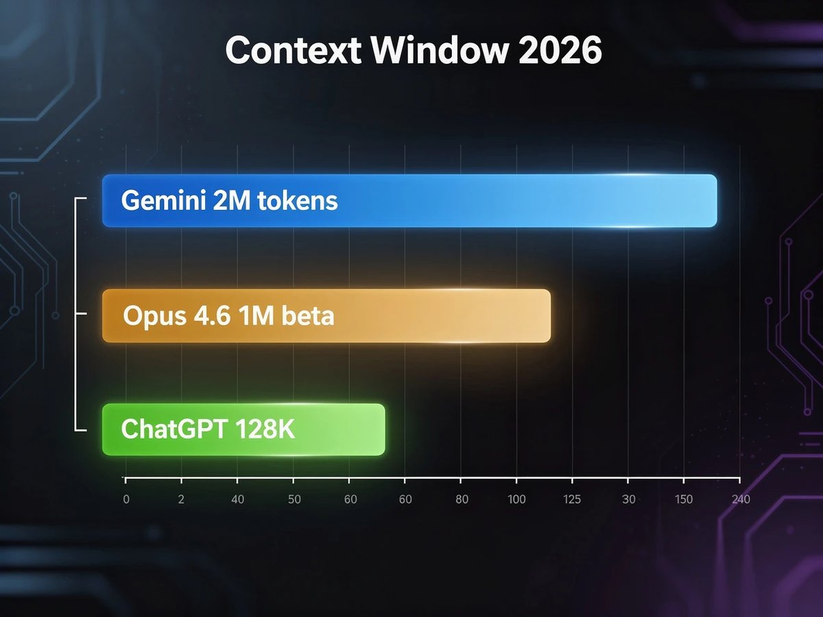 Context Window 2026: Gemini 2M tokens, Opus 4.6 1M beta, ChatGPT 128K