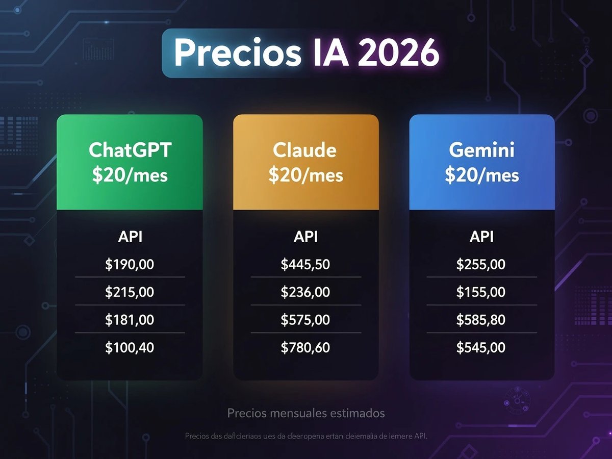 Precios IA 2026: ChatGPT $20/mes, Claude $20/mes, Gemini $20/mes