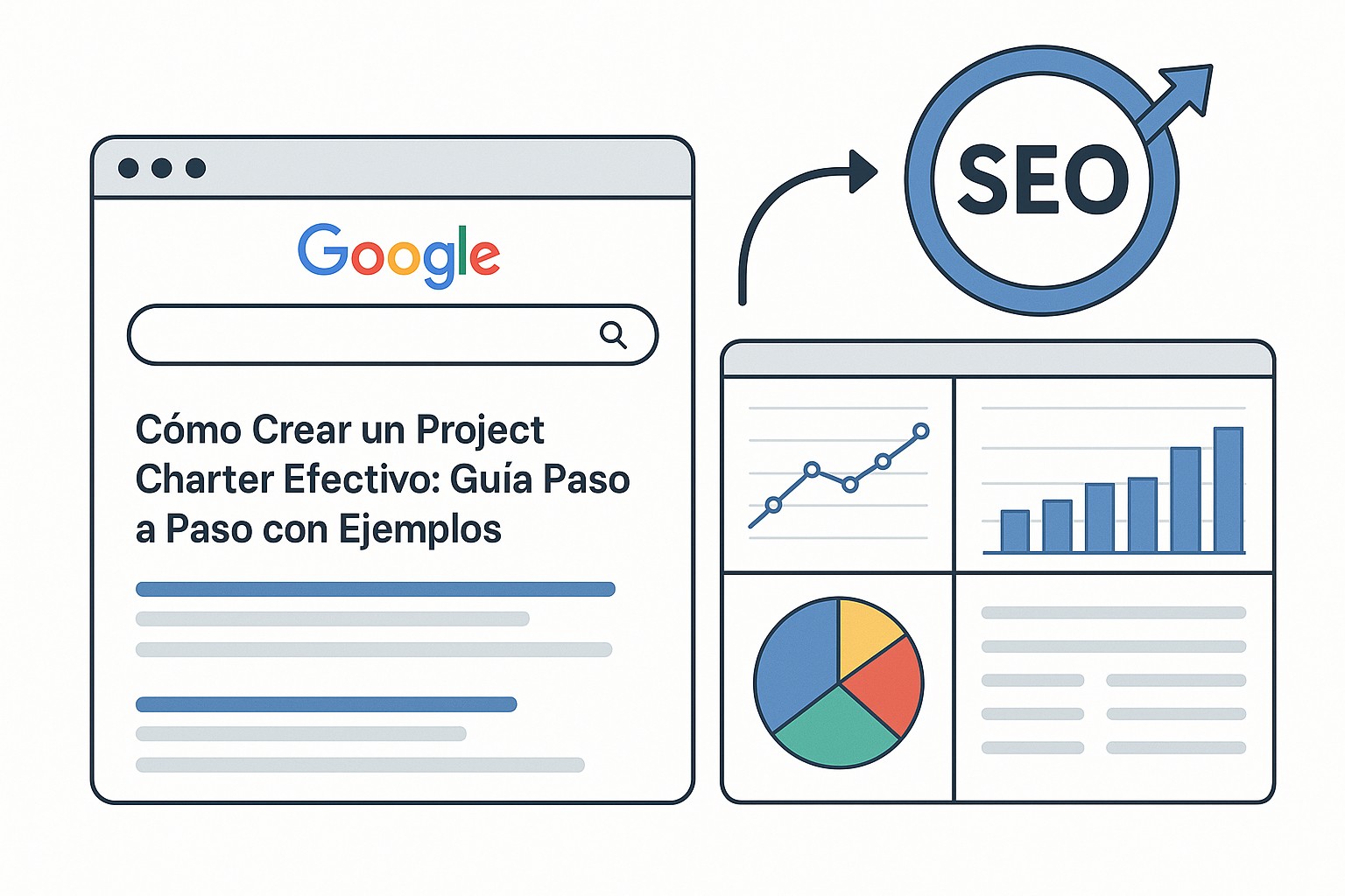 Diagrama de flujo de un Project Charter mostrando sus componentes clave y las relaciones entre ellos