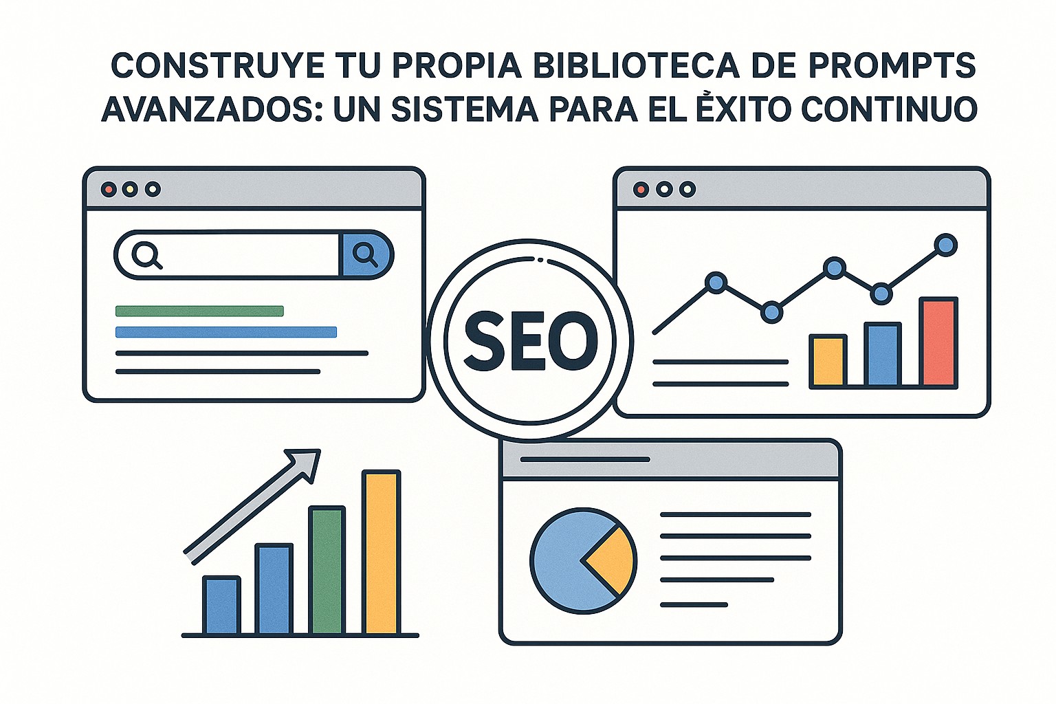 Persona organizando un tablero con tarjetas de prompts, categorizando por tipo de tarea como SEO semántico, creación de contenido, y auditoría técnica.