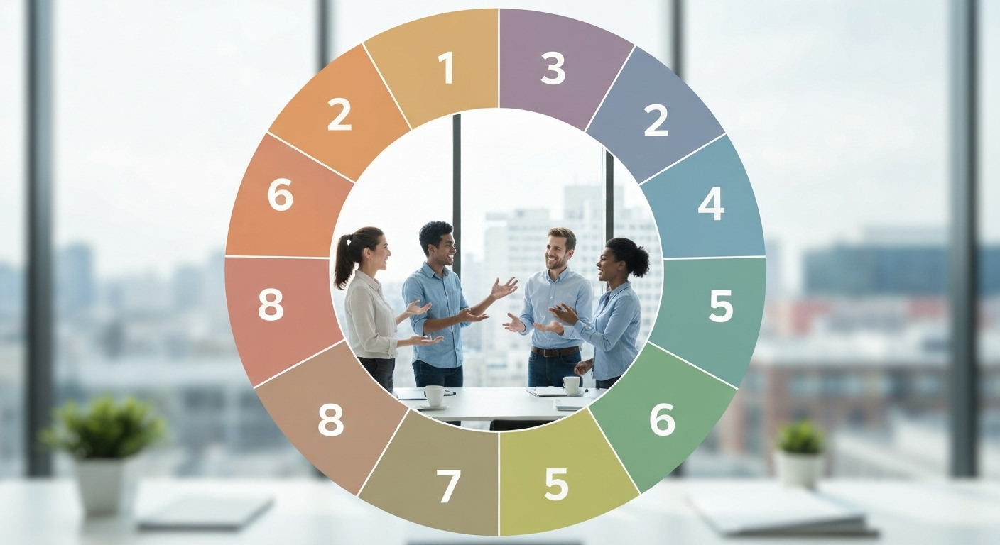 Enneagram circle with team collaborating, illustrating self-awareness and conscious leadership.