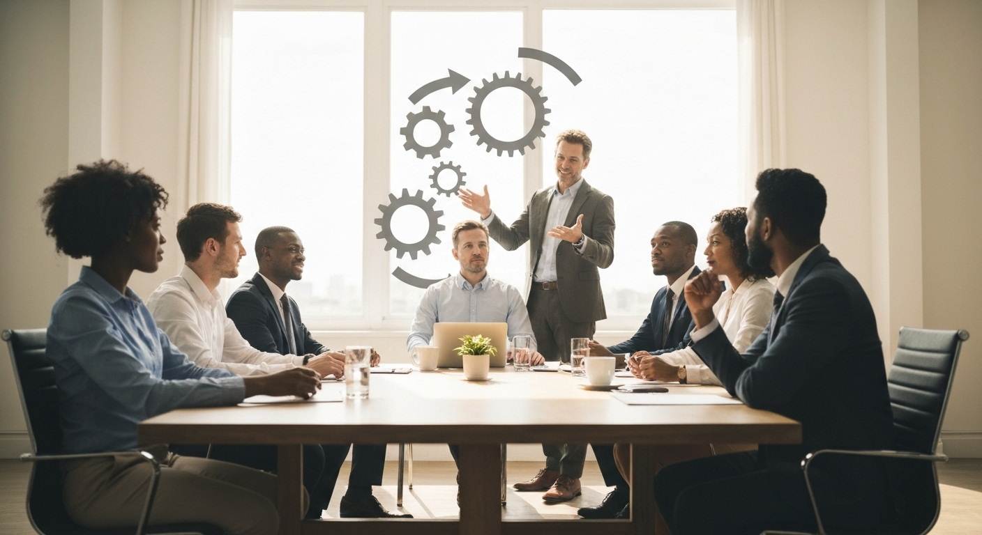 Diverse team brainstorming; a person leads a discussion, with gears representing innovation.