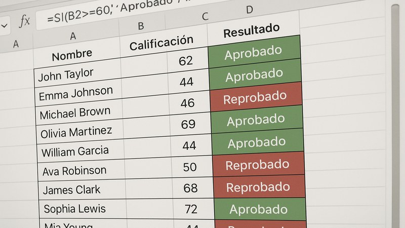 Hoja de Excel mostrando función SI anidada evaluando calificaciones con resultado Aprobado o Reprobado en columna separada