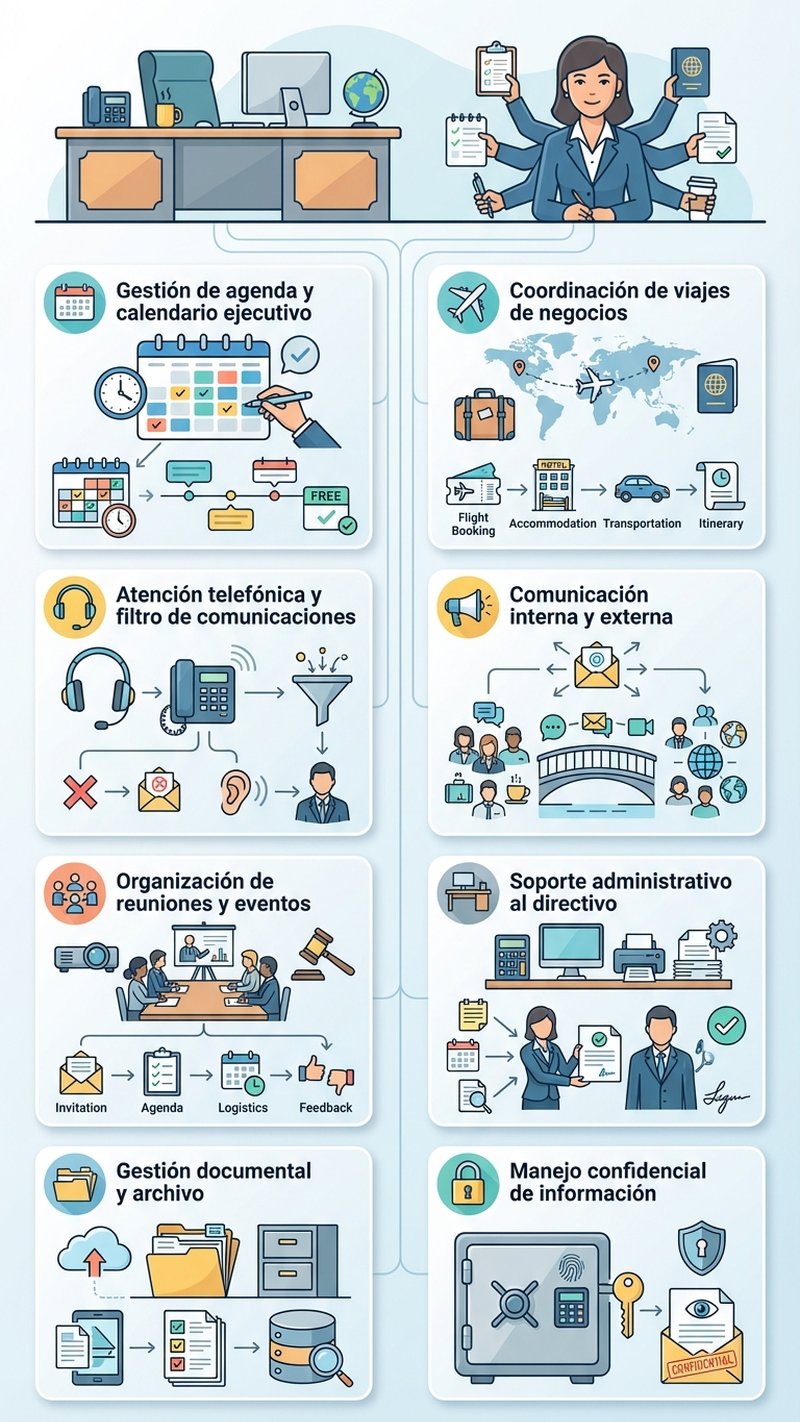 Infografía con las 8 funciones principales de una secretaria ejecutiva