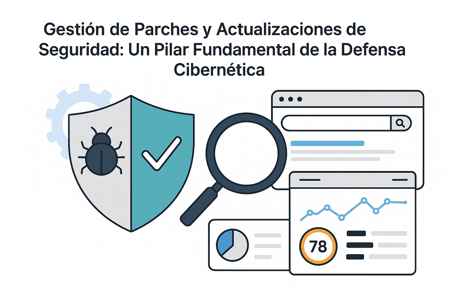 Representación visual de un sistema de gestión de parches automatizado escaneando y aplicando actualizaciones de seguridad a múltiples dispositivos en una red corporativa.