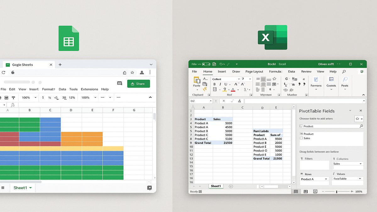 Comparación lado a lado de Google Sheets y Microsoft Excel mostrando sus interfaces, logos de Google y Microsoft, con iconos de colaboración y análisis