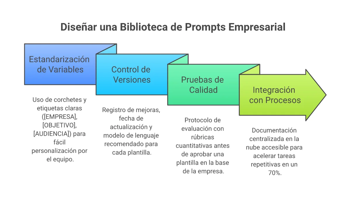 Infografía de metodología para diseñar una biblioteca de prompts empresarial