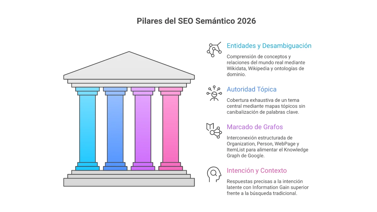 Infografía de los 4 Pilares del SEO Semántico y Grafos de Conocimiento 2026