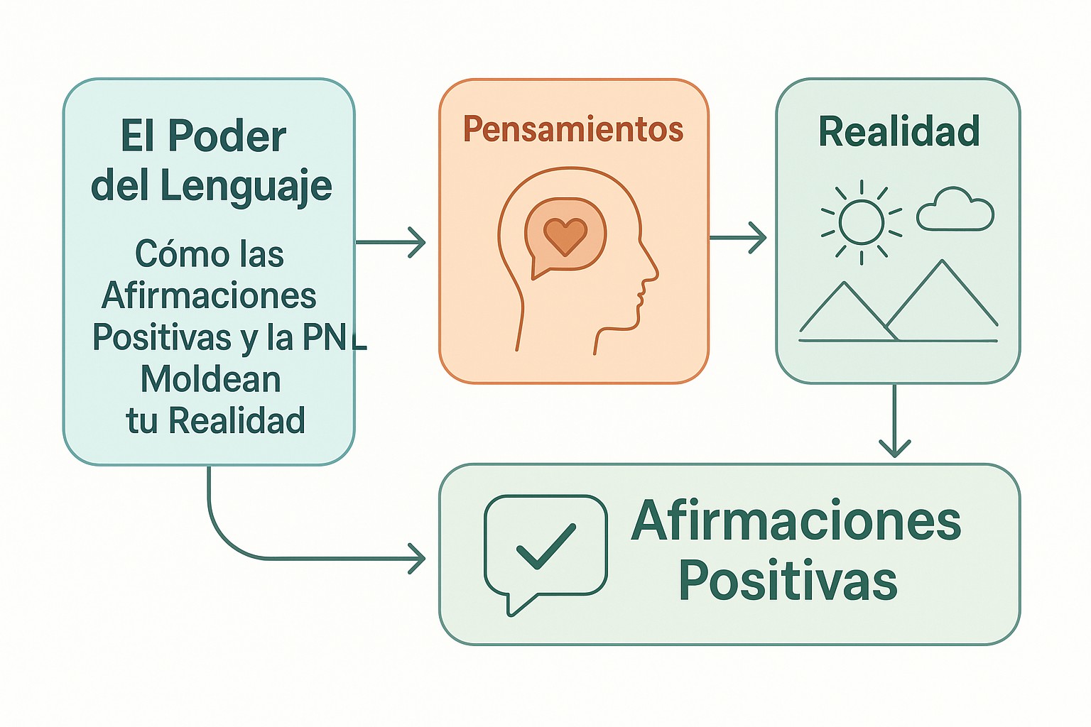 Una mujer sonríe mientras escribe en un diario, con elementos que simbolizan la positividad y el crecimiento personal alrededor