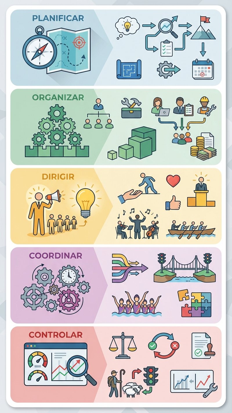 Las 5 funciones de la administración: planificar, organizar, dirigir, coordinar, controlar