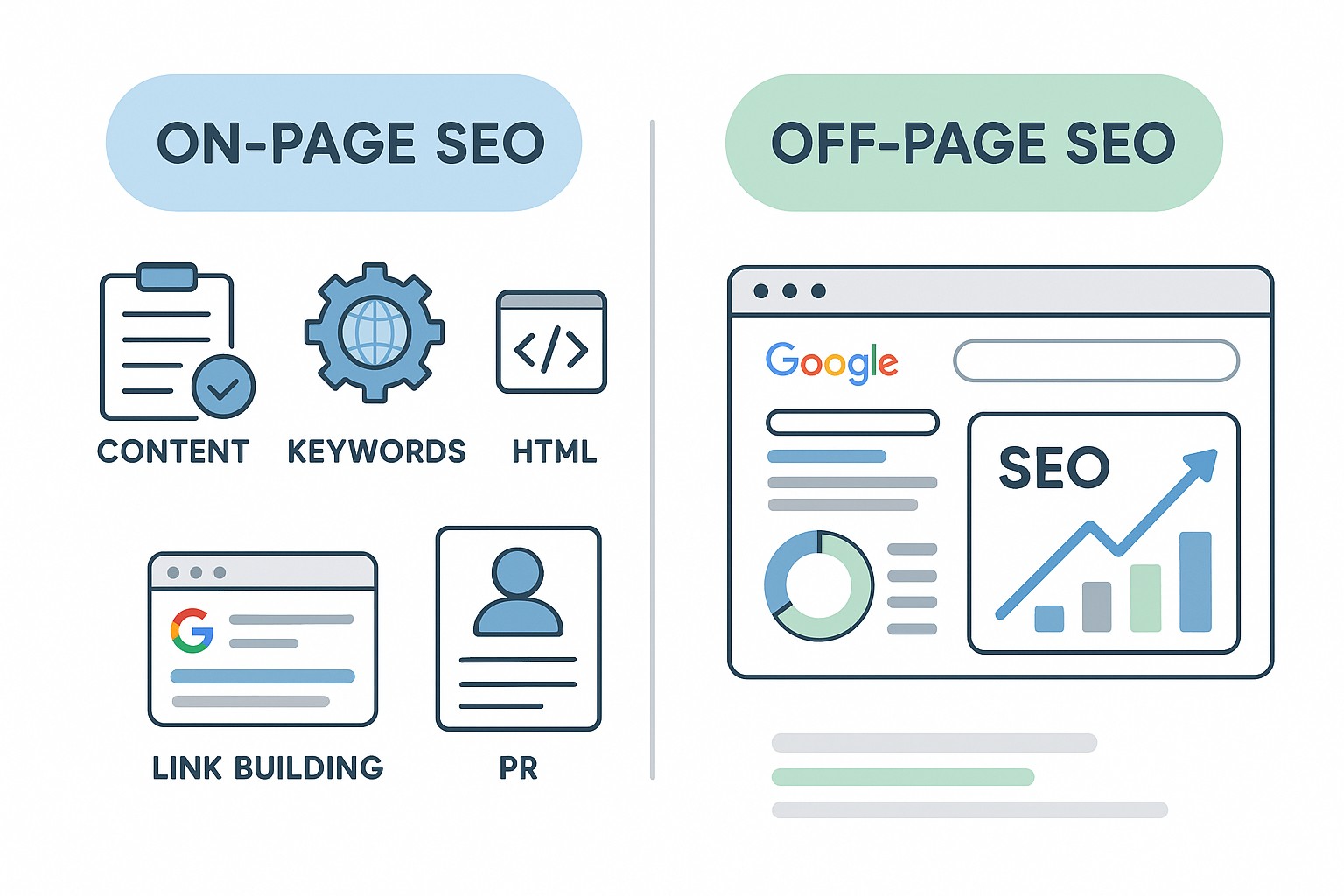 Diagrama sobre seo on page off page estrategias