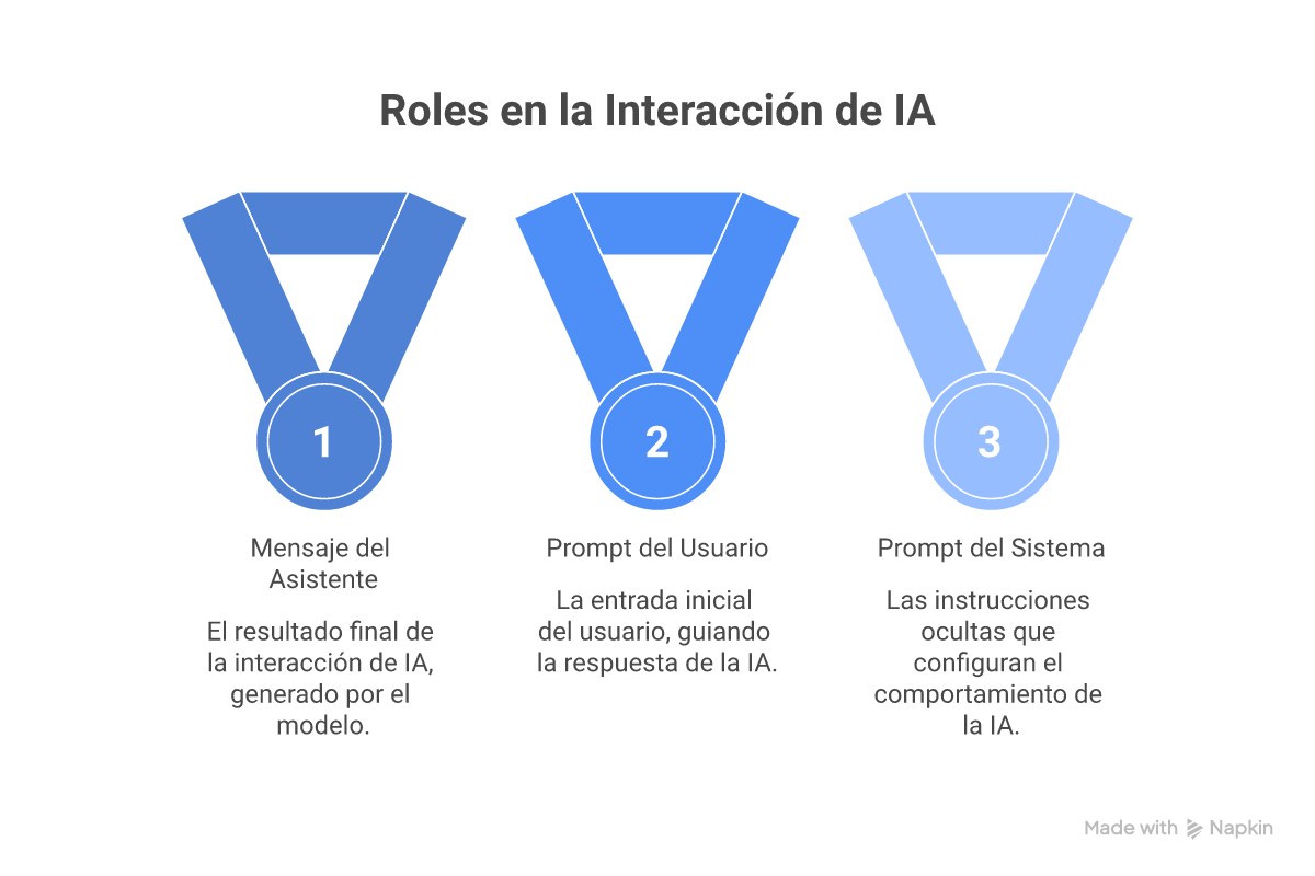 Infografía comparando system prompt vs user prompt vs assistant message con sus características, persistencia, prioridad y casos de uso. Diagrama de flujo de la conversación con LLM