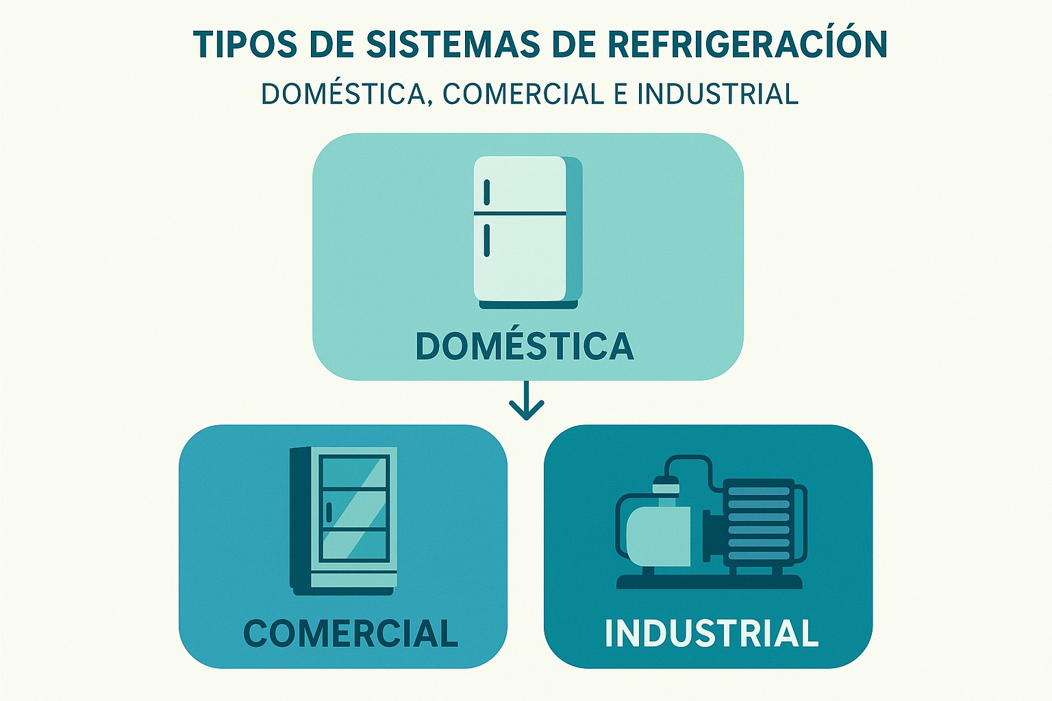 Infografía: conceptos clave de Tipos de Sistemas de Refrigeración: Doméstica, Comercial e Industrial