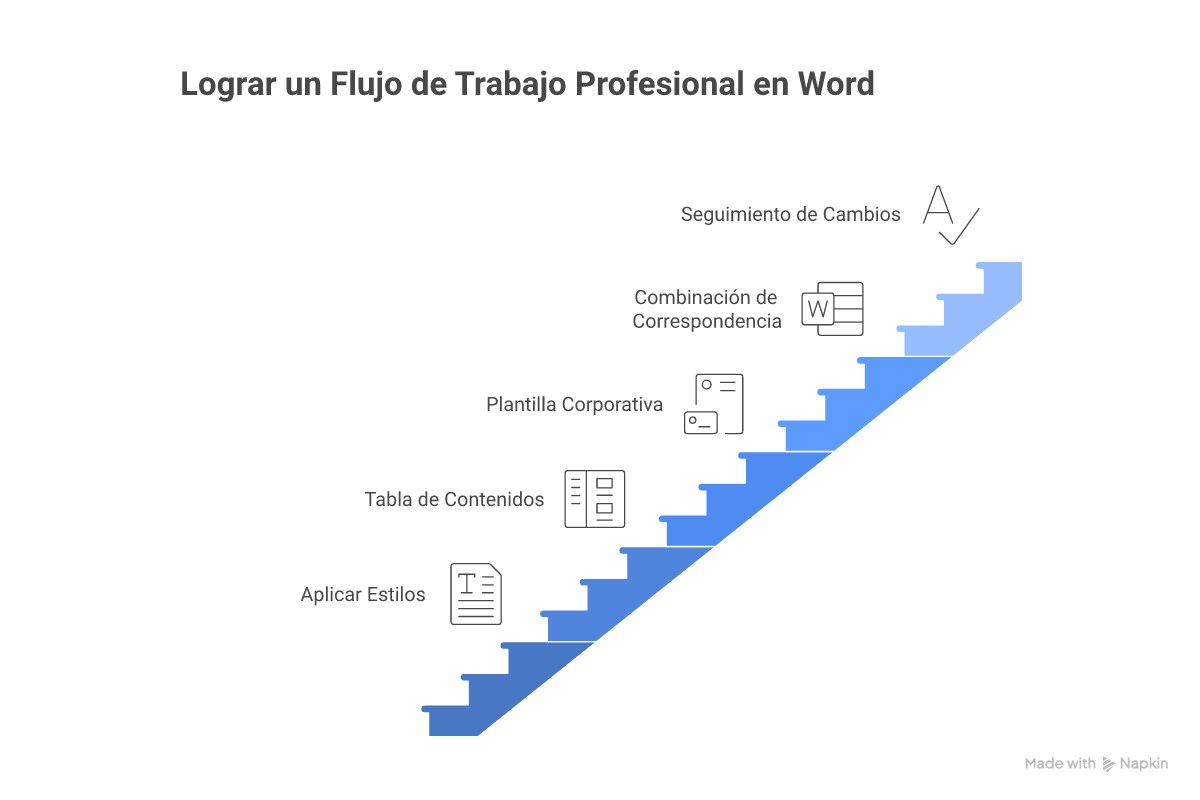 Infografía con flujo de trabajo profesional en Word: aplicar estilos, tabla de contenidos, plantilla corporativa, combinación de correspondencia y control de cambios